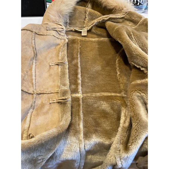 Ruff Hewn Womens Vintage 1980Faux Fur Long Coat Suede Hooded Outerwear Tan Large - Picture 5 of 9